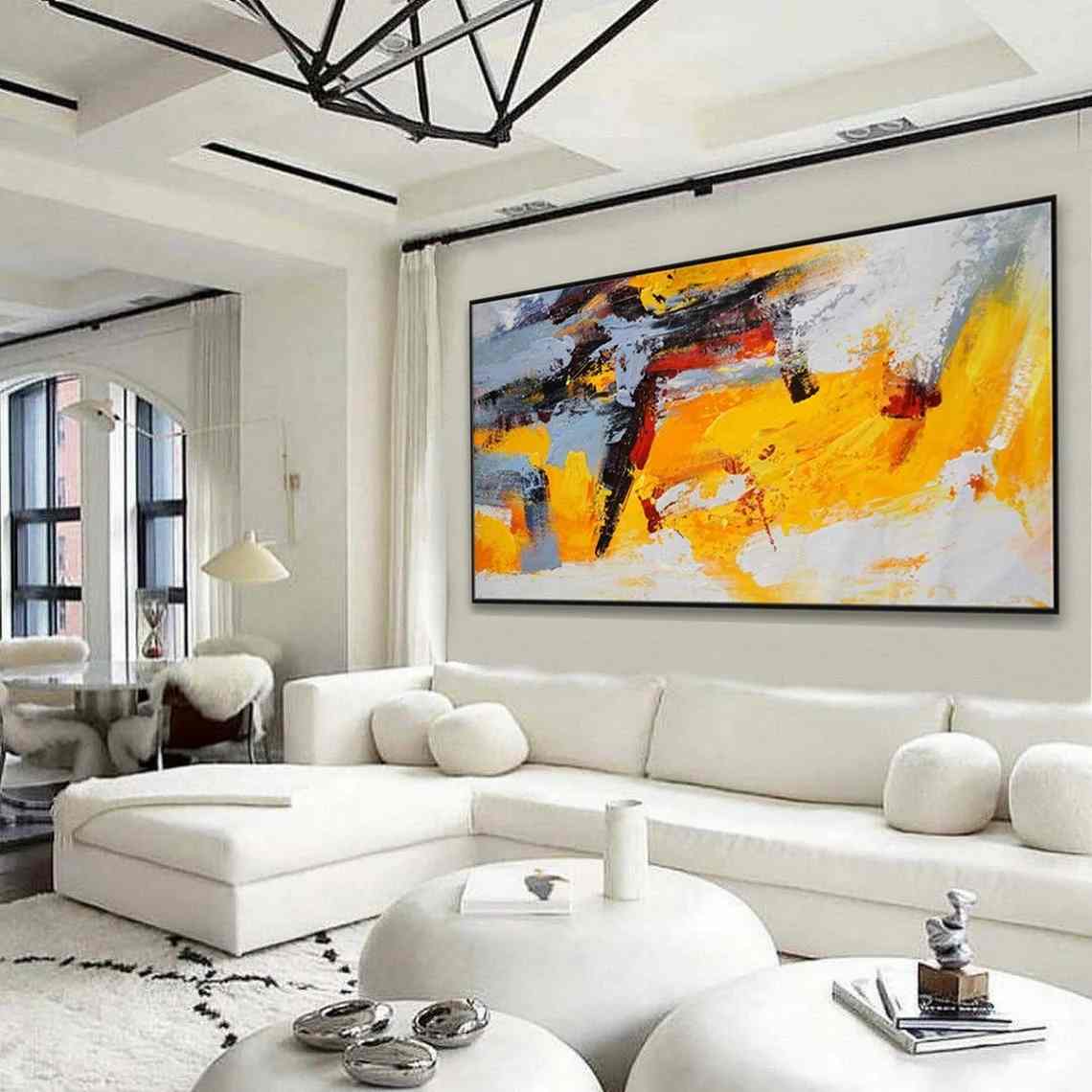 White Handmade Painting Gray Yellow Abstract Canvas Wall Art 6JDWJ
